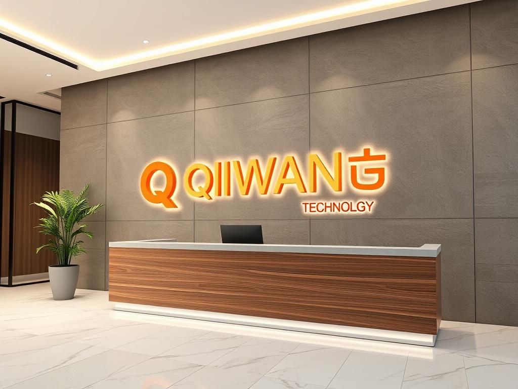 the company front desk background wall with two line logo text, first line "QIWANG", second line "TECHNOLOGY"，4K