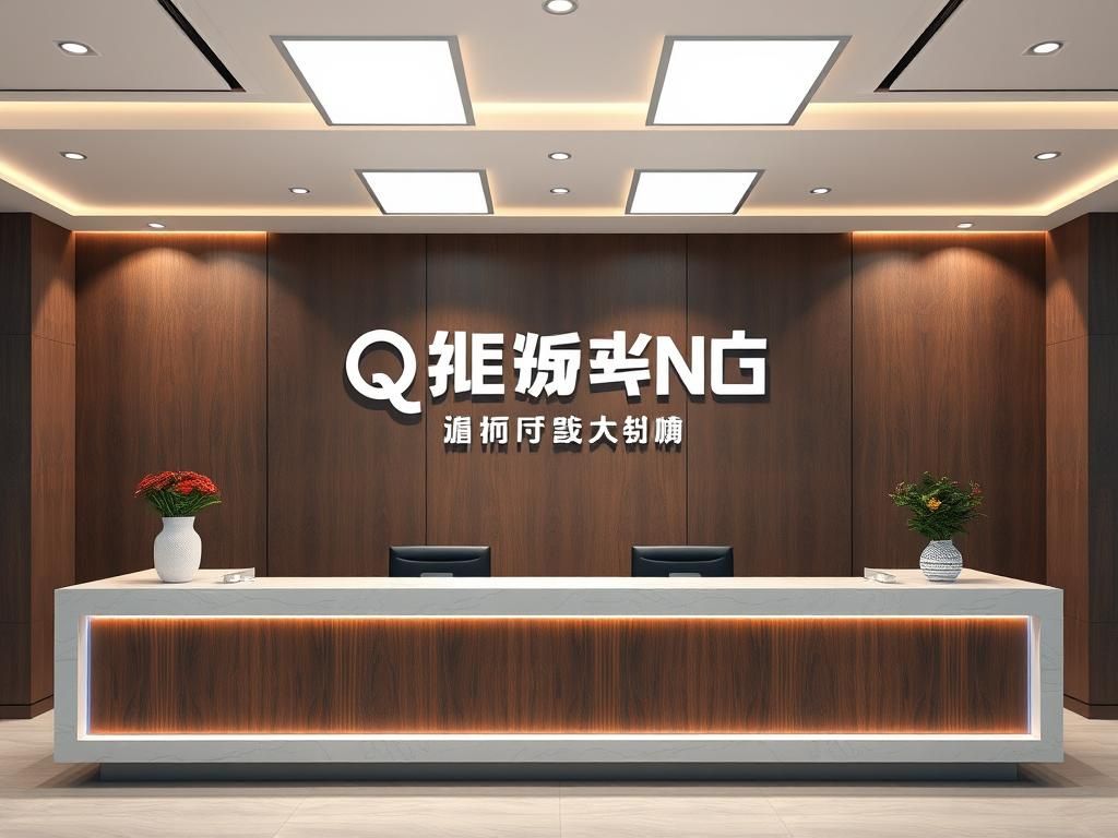 the company front desk background wall with two line logo text, first line "QIWANG", second line "TECHNOLOGY"，4K