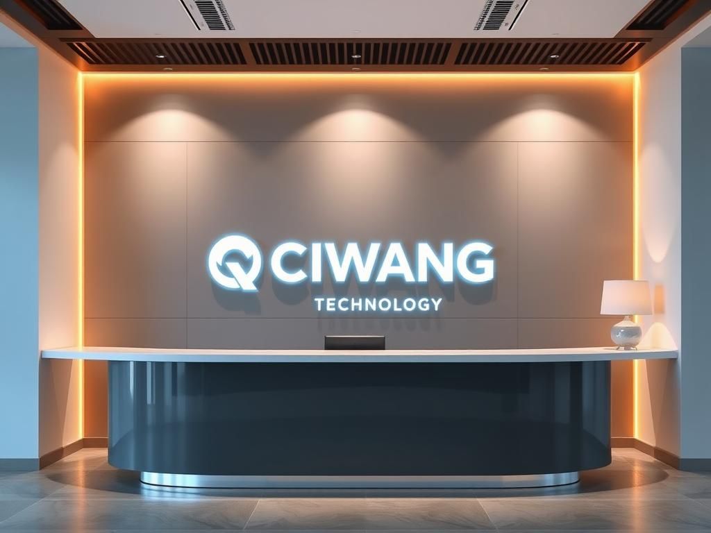 the company front desk background wall with two line logo text, first line accurate text "QIWANG", second line "TECHNOLOGY"，4K