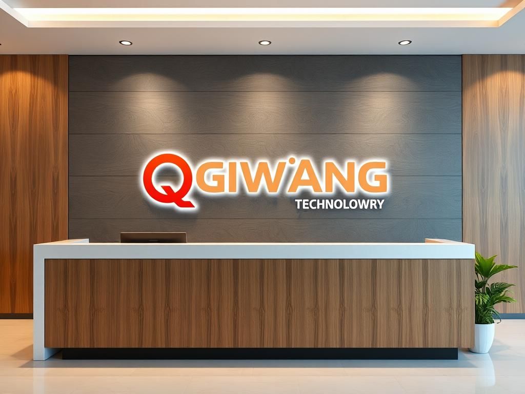 the software company front desk background wall with two line logo text, first line accurate text "QIWANG", second line "TECHNOLOGY"，4K