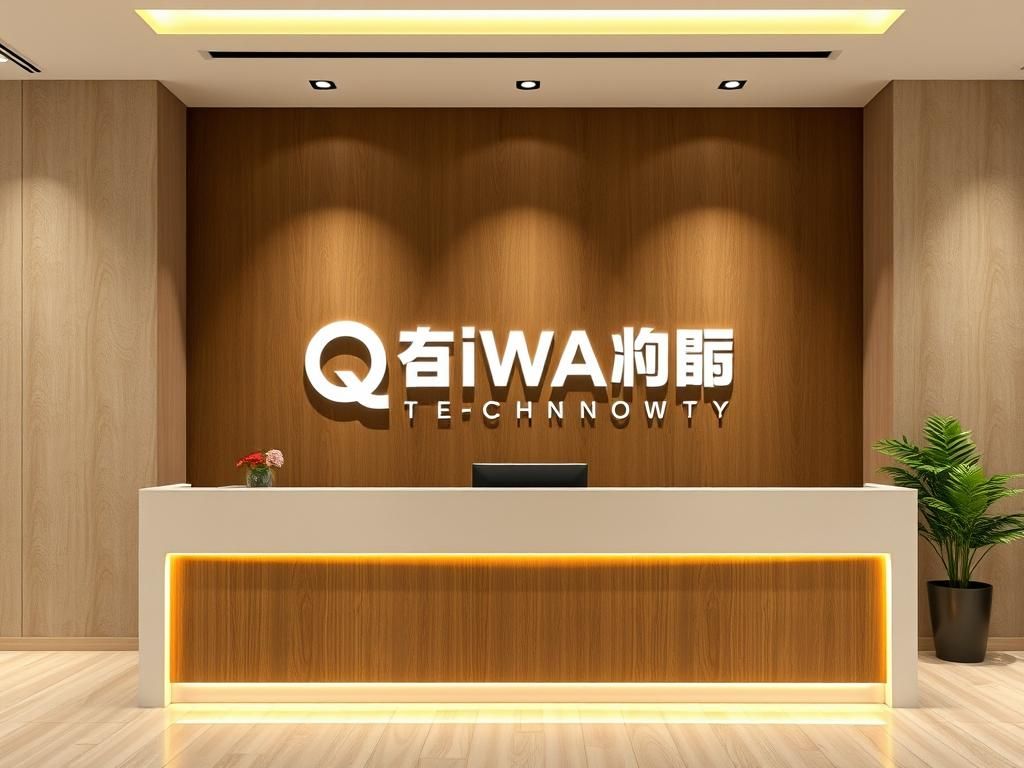 the software company front desk background wall with two line logo text, first line accurate text "QIWANG", second line "TECHNOLOGY"，4K