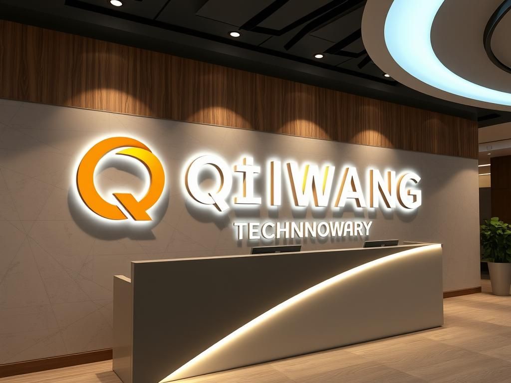 the software company front desk background wall with two line logo text, first line accurate text "QIWANG", second line "TECHNOLOGY"，4K