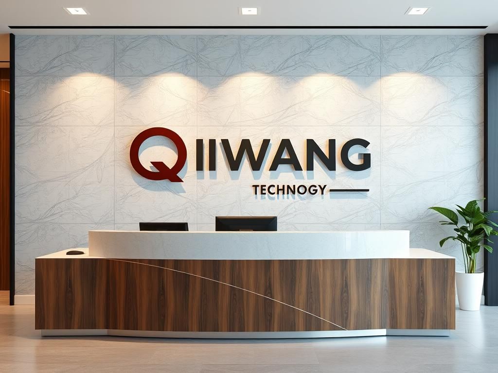 the company front desk background wall with two line logo text, first line "QIWANG", second line "TECHNOLOGY"，4K