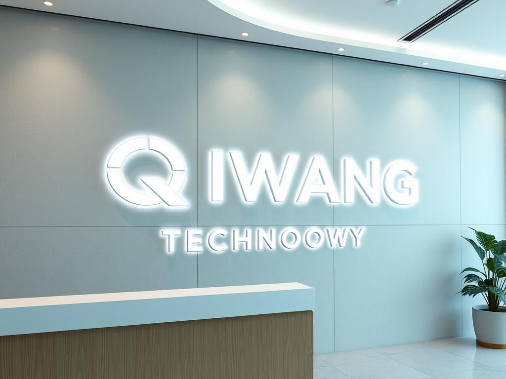 the software company front desk background wall with two line logo text, first line accurate text "QIWANG", second line "TECHNOLOGY"，4K