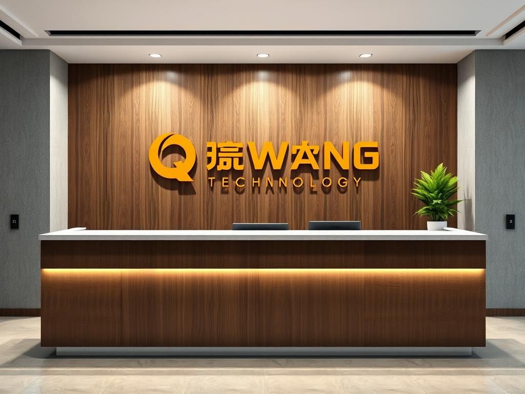 the company front desk background wall with two line logo text, first line "QIWANG", second line "TECHNOLOGY"，4K