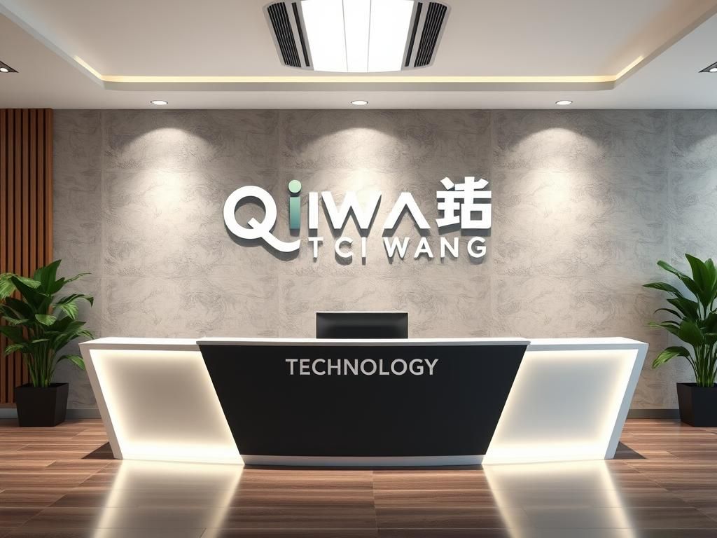 the company front desk background wall with two line logo text, first line accurate text "QIWANG", second line "TECHNOLOGY"，4K