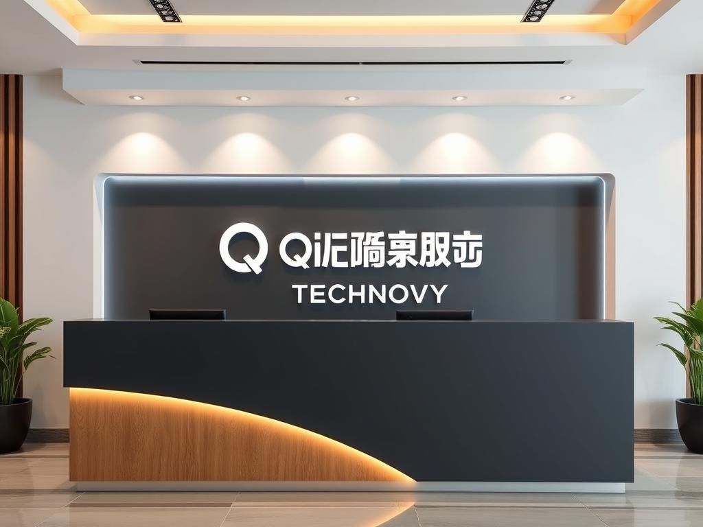 the company front desk background wall with two line logo text, first line "QIWANG", second line "TECHNOLOGY"，4K